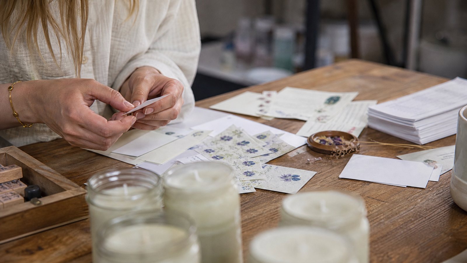 Créatrice de cosmétiques préparant ses produits étiquetés avant une vente