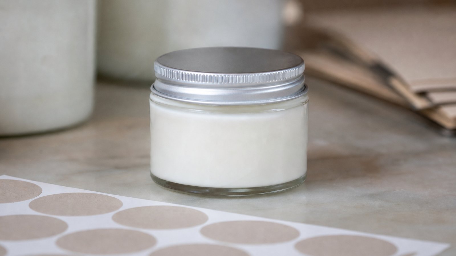 Pot de crème artisanale fermé posé près de sa fiche de recette dans un atelier