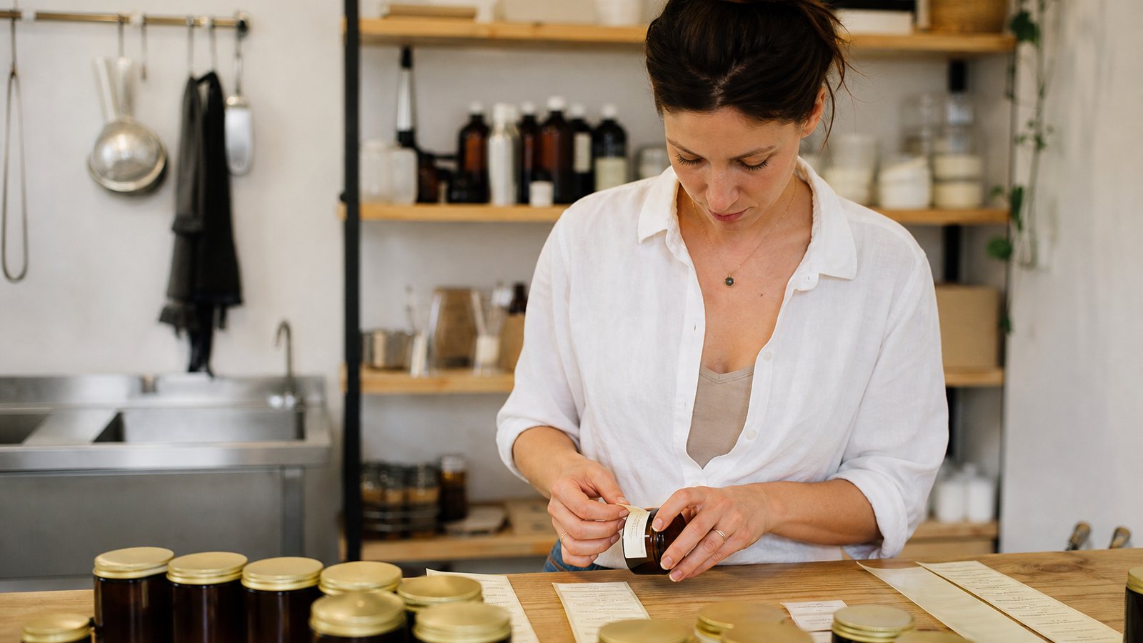 Créateur imprimant une étiquette à partir de sa recette dans son atelier