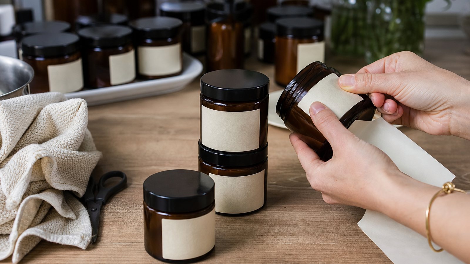 Pots de crème artisanale étiquetés alignés sur l'établi d'un créateur