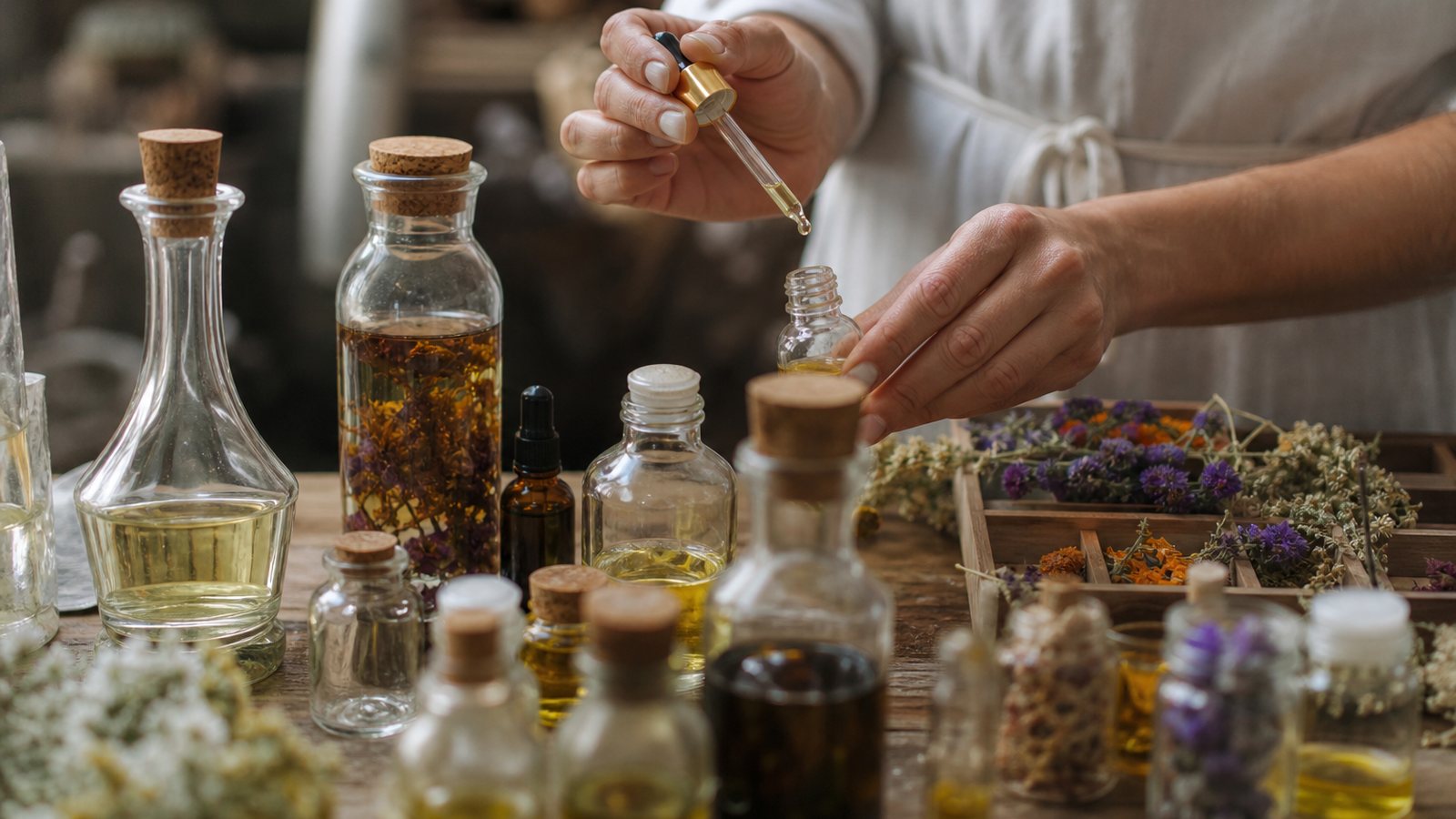Huiles et ingrédients naturels d'un cosmétique disposés sur un plan de travail