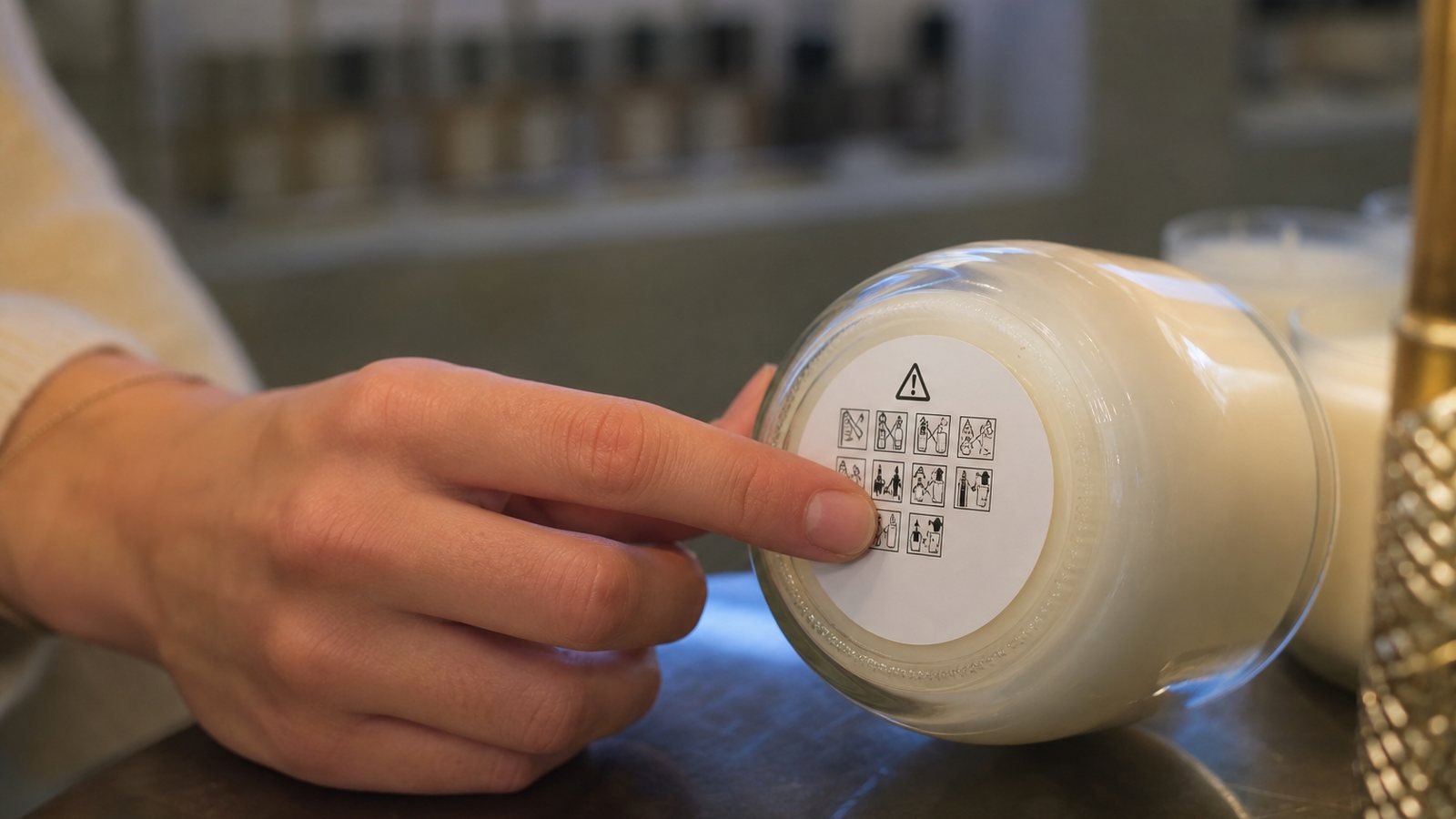 Étiquette de sécurité avec pictogrammes apposée sur une bougie parfumée