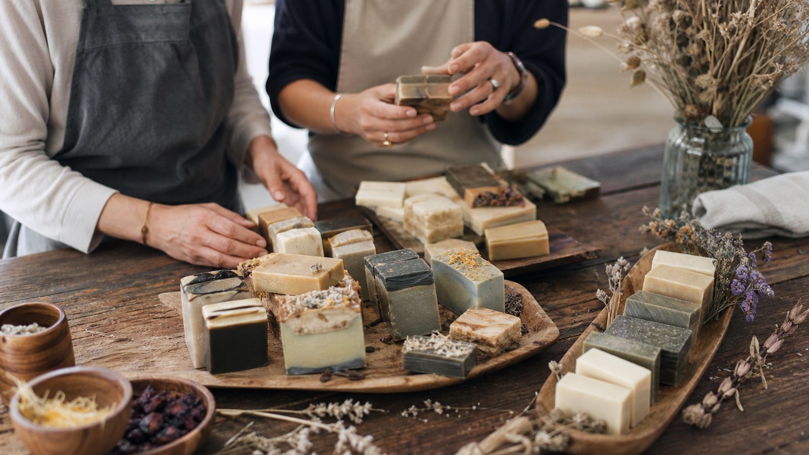 Savons et bougies artisanaux étiquetés présentés côte à côte sur une table