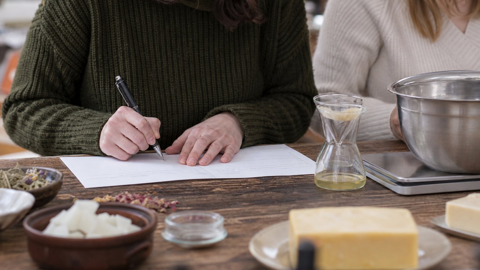 Créateur notant la fiche de fabrication d'un lot de savons dans son atelier