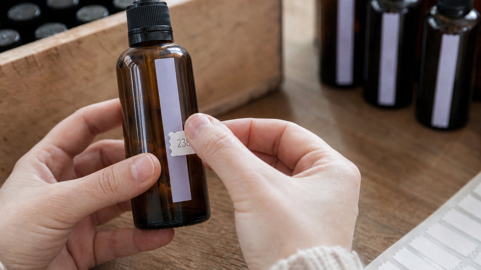Étiquette portant un numéro de lot apposée sous un pot de cosmétique fait main