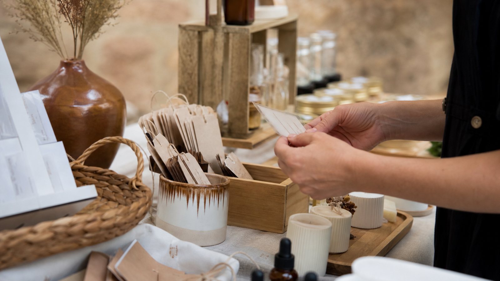 Stand de savons et cosmétiques faits main d'un créateur sur un marché